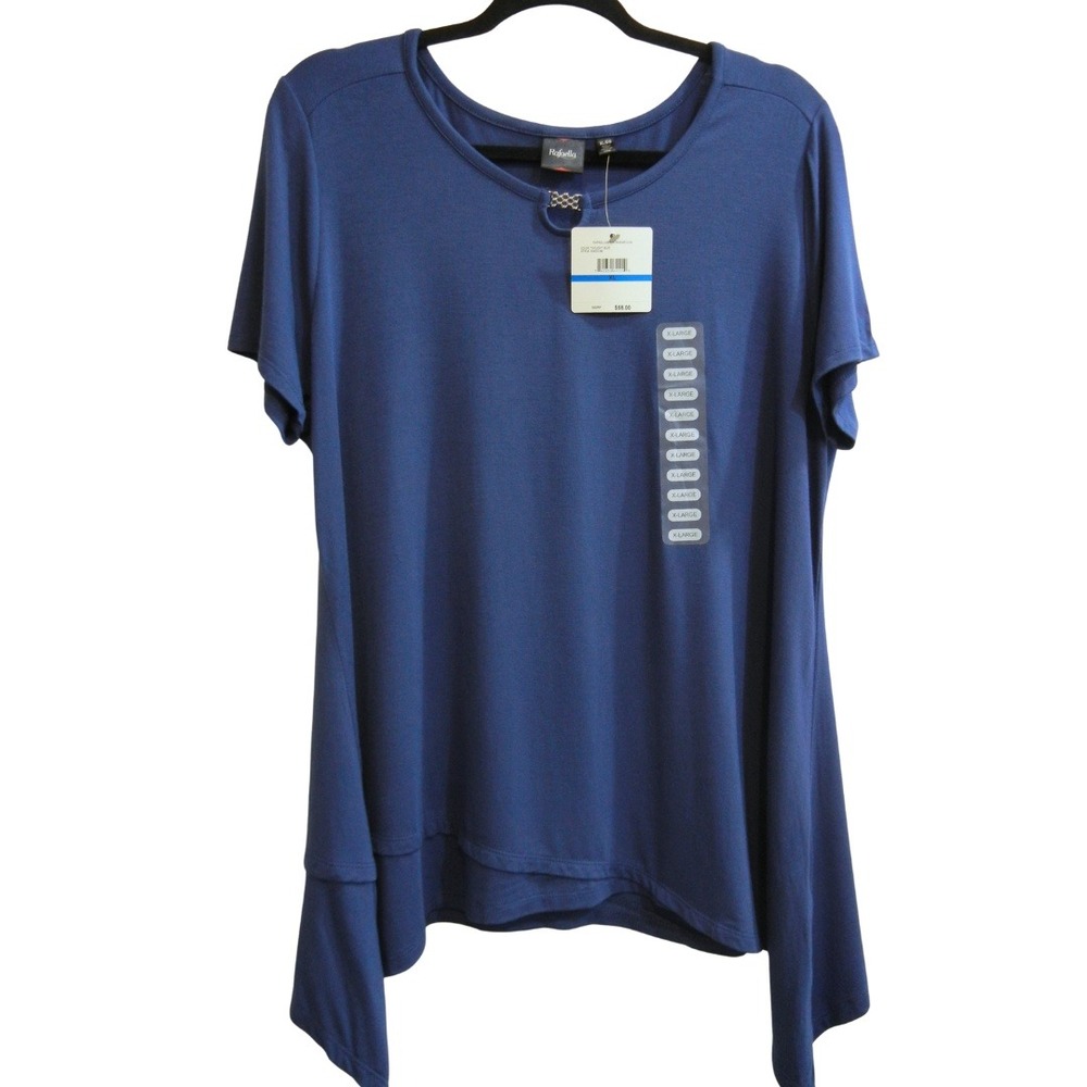 Rafaella Womens XL Twilight Blue Layered Hem Top Short Sleeve Blouse Shirt